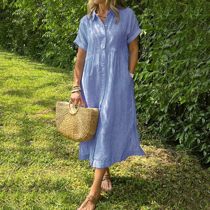 🔥DERNIER JOUR DE SOLDES 49% DE RÉDUCTION🔥 Robe-chemise à rayures avec col à rabat et poches fonctionnelles